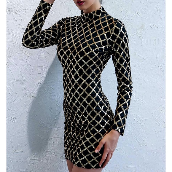 Black Gold Geo Print Sequin Bodycon Party Dress - Picture 8 of 10